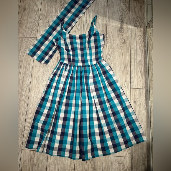NWOT Bettie Page Tatyana Blue Plaid Midi Dress - Picture 2 of 4